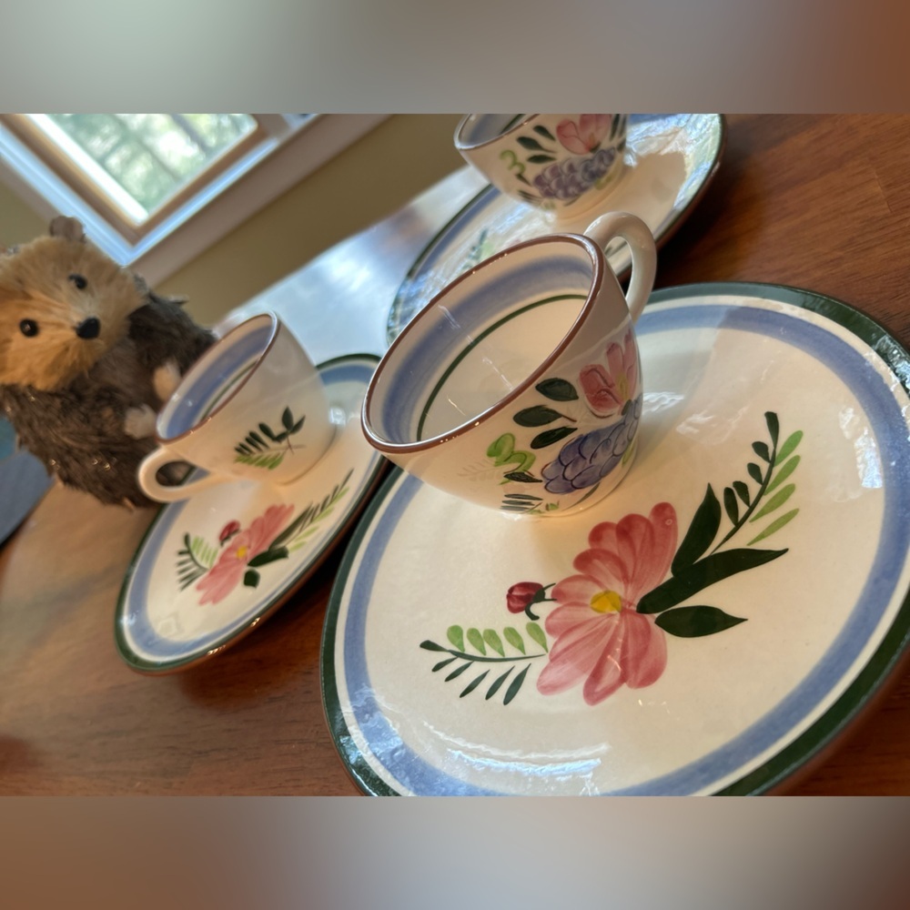 Floral Stoneware Tea party Set—Vintage Tea Cups + Plates Bundle | Stangl Pottery - Picture 6 of 6